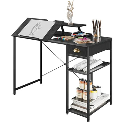 X-cosrack Drafting Table with Storage Shelves & Drawer, 43" Adjustable Art Desk with Monitor Stand for Home Office Computer, Tiltable Draft Drawing Table for Artist, Study, Writing Workstation, Black