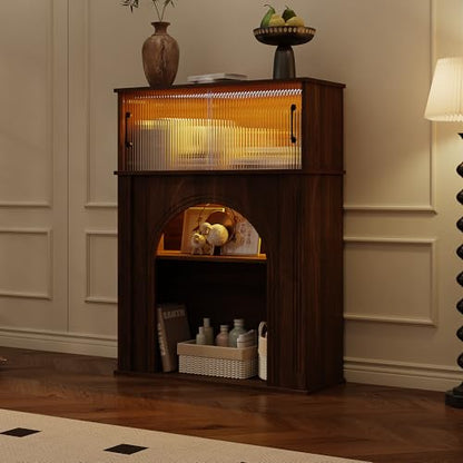 Sideboard Buffet Cabinet with LED Lights & Sliding Glass Doors, Modern Kitchen Storage Credenza Coffee Bar with Wood Grain & Adjustable Shelf for Living Room, Brown