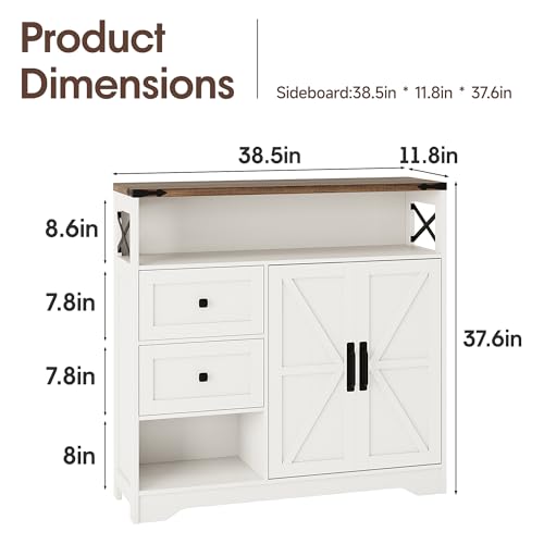 Farmhouse Storage Cabinet with Drawers and Open Storage,Freestanding Kitchen Pantry with 2 Barn Doors, Floor Cabinet with Adjustable Shelf for Living Room,White