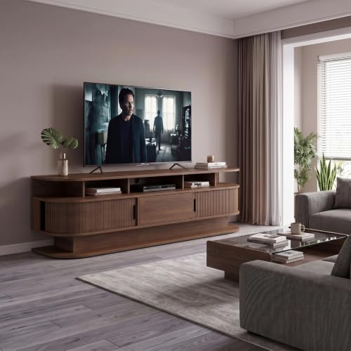 68” Fluted Mid Century Modern TV Stand LED Lights & Power Outlet (Walnut), view 6