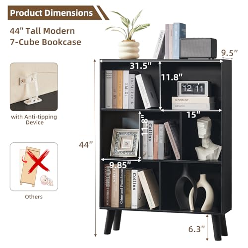 Cube Bookshelf, Mid-Century Modern Book Shelf with Legs, Black, view 3