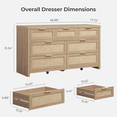 7 Drawer Rattan Dresser for Bedroom, 57" Wide Dresser, view 4