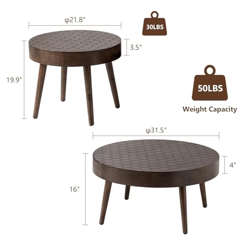 Round Coffee Table Set of 2, Nesting Tables with Honeycomb Pattern, Modern End Table for Living Room, Farmhouse, Brown