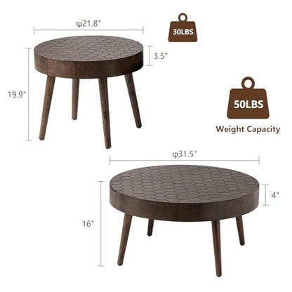 Round Coffee Table Set of 2, Nesting Tables with Honeycomb Pattern, Modern End Table for Living Room, Farmhouse, Brown