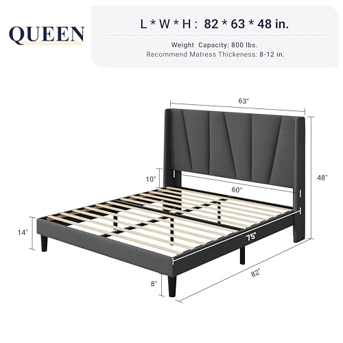 Queen Size Platform Bed Frame with Upholstered Headboard, Dark Grey, view 3