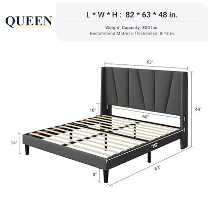 Queen Size Platform Bed Frame with Upholstered Headboard, Dark Grey, view 3