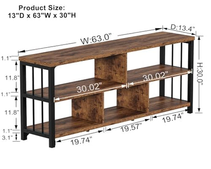 Bookshelf, Farmhouse 63” Long Open Book Shelf, Wood Metal 5 Cube Bookcase for Living Room, Low Horizontal Bookshelf for Bedroom, Wide Cubby Storage Organizer for Home Office, Rustic Brown, 63 Inch