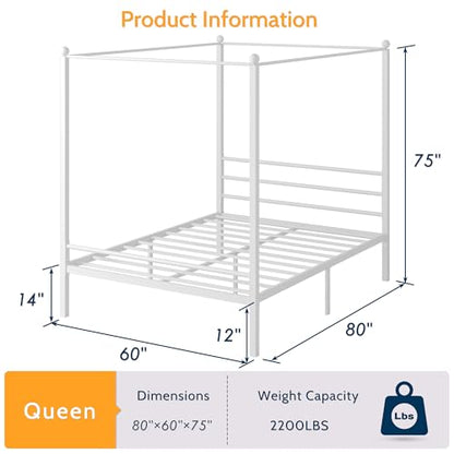 Canopy Bed Queen, Four Poster Metal Frame, White, view 4