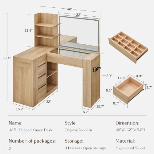 48" Makeup Vanity Desk with Mirror and Lights, Glass Top, Natural Oak, view 3