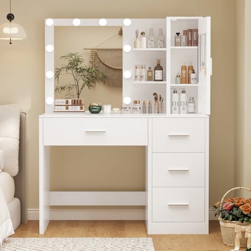Vanity Desk with Mirror and Lights, Makeup Vanity with 4 Drawers, view 2