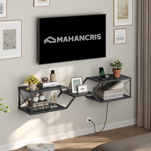 Floating TV Stand with Power Outlet, Wall-Mounted TV Shelf with X-Shaped Frame, view 2