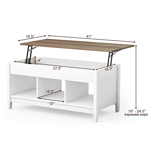 Lift Top Coffee Table, Wood Cocktail Table w/Hidden Compartment & Lower Storage Shelves, Wood Laptop Table, Lift Tabletop Home Furniture for Living Room, Guest Room, Office, White