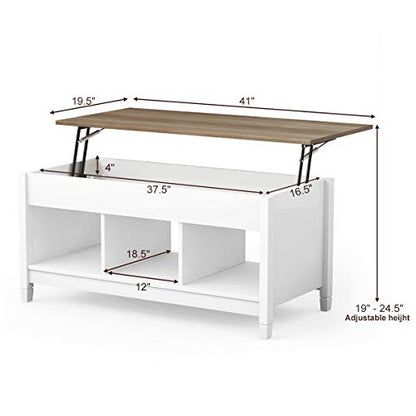 Lift Top Coffee Table, Wood Cocktail Table w/Hidden Compartment & Lower Storage Shelves, Wood Laptop Table, Lift Tabletop Home Furniture for Living Room, Guest Room, Office, White