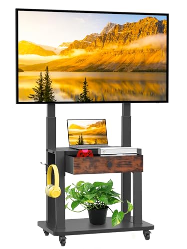 Rolling TV Stand with Fabric Drawer for 32-75 Inch Flat/Curved Screen Adjustable Height LCD/LED/OLED with Storage Mobile TV Cart on Wheels up to 220lbs for Home Office Outdoor Max VESA 600x400mm Black