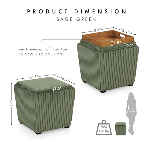 Lennox Modern Chenille 17-inch Square Storage Ottoman with Reversible Tray Top, Upholstered Footstool for Living Room, Bedroom, Entryway, Green