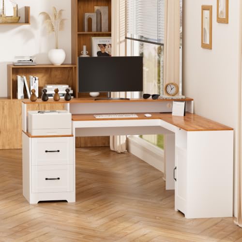 63" 2 Drawers Home Office Desks, File Cabinet Computer Charge Desk L Shape, view 2