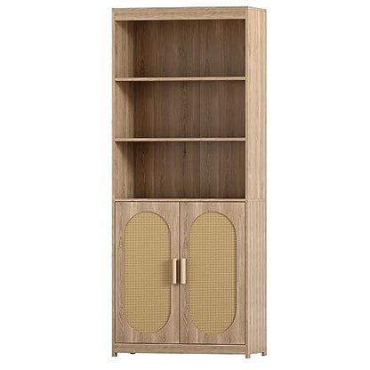Rattan Bookcase with Doors 72 in Tall Boho Bookshelf 5 Shelves Floor Standing Book Storage Cabinet 3 Display Shelves Mid Century Modern Bookshelf Wicker Bookshelves