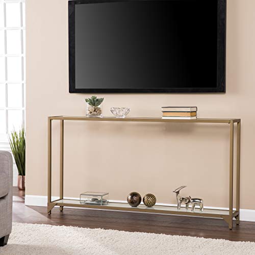Bergen 56 inches Long Narrow Metal Console Table, Open Concept Living Space, Glam Style Painted Iron, Gold