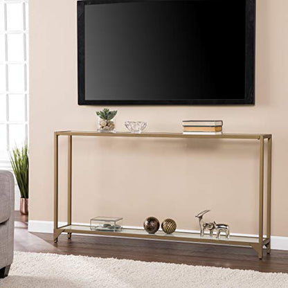 Bergen 56 inches Long Narrow Metal Console Table, Open Concept Living Space, Glam Style Painted Iron, Gold