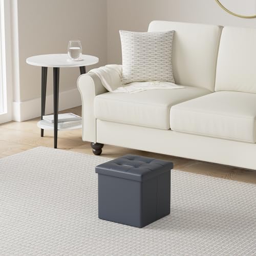 Storage Ottoman, Foldable Foot Rest Stool, 13x12x12 Inches Small Leather Bench with Storage, Holds up to 260 lb, for Living Room, Bedroom, Dorm, Black