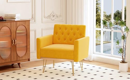 Accent Chair for Living Room, Comfy Oversized Velvet Upholstered Arm Chairs, Mid Century Modern Reading Single Sofa Side Chair with Tufted Back and Gold Legs for Bedroom (1, Mustard)