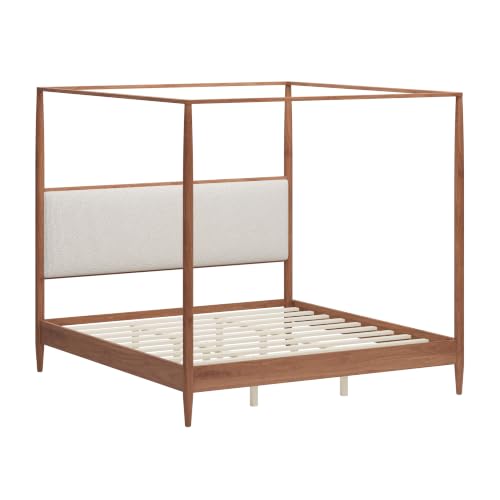 King 4-Poster Wood Canopy Bed with Boucle Headboard, Walnut, view 7