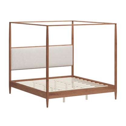 King 4-Poster Wood Canopy Bed with Boucle Headboard, Walnut, view 7