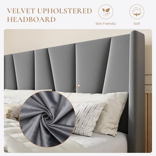 Queen Size Upholstered Platform Bed Frame with Headboard, Grey, view 5