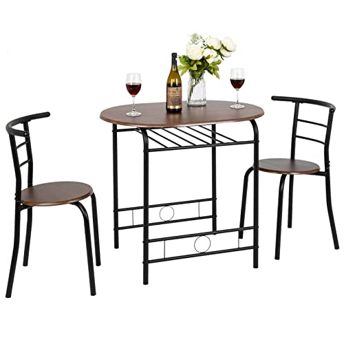 3 Piece Dining Set,Small Kitchen Table Set for 2,Breakfast Table Set for 2,Kitchen Wooden Table and 2 Chairs for Small Space/Dining Room/Apartment,Metal Frame,Wine Rack,Black&Walnut