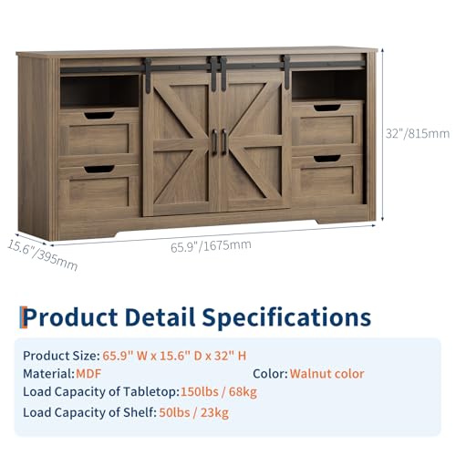 Farmhouse Sideboard Buffet Cabinet with Storage & Sliding Barn Doors & 4 Drawers, view 3