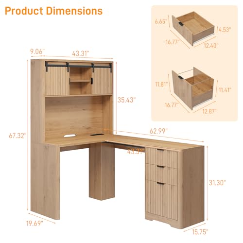 Farmhouse 68" L Shaped Fluted Desk with Hutch and Sliding Doors,Oak, view 3