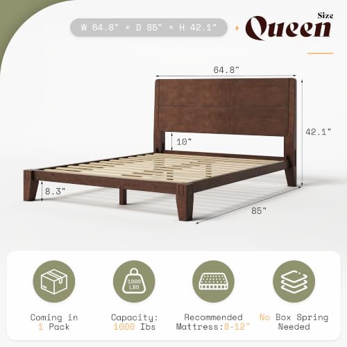 Solid Wood Queen Bed Frame with Headboard, Japanese Joinery,Walnut, view 3