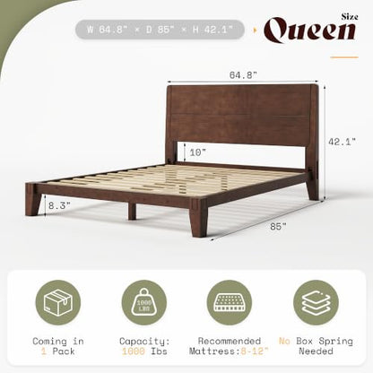 Solid Wood Queen Bed Frame with Headboard, Japanese Joinery,Walnut, view 3