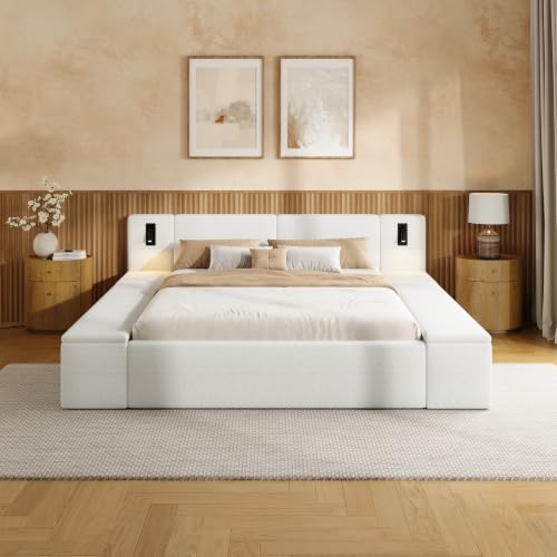 Queen Size Teddy Fleece Platform Bed, Hidden Storage & Built-In Nightstands
