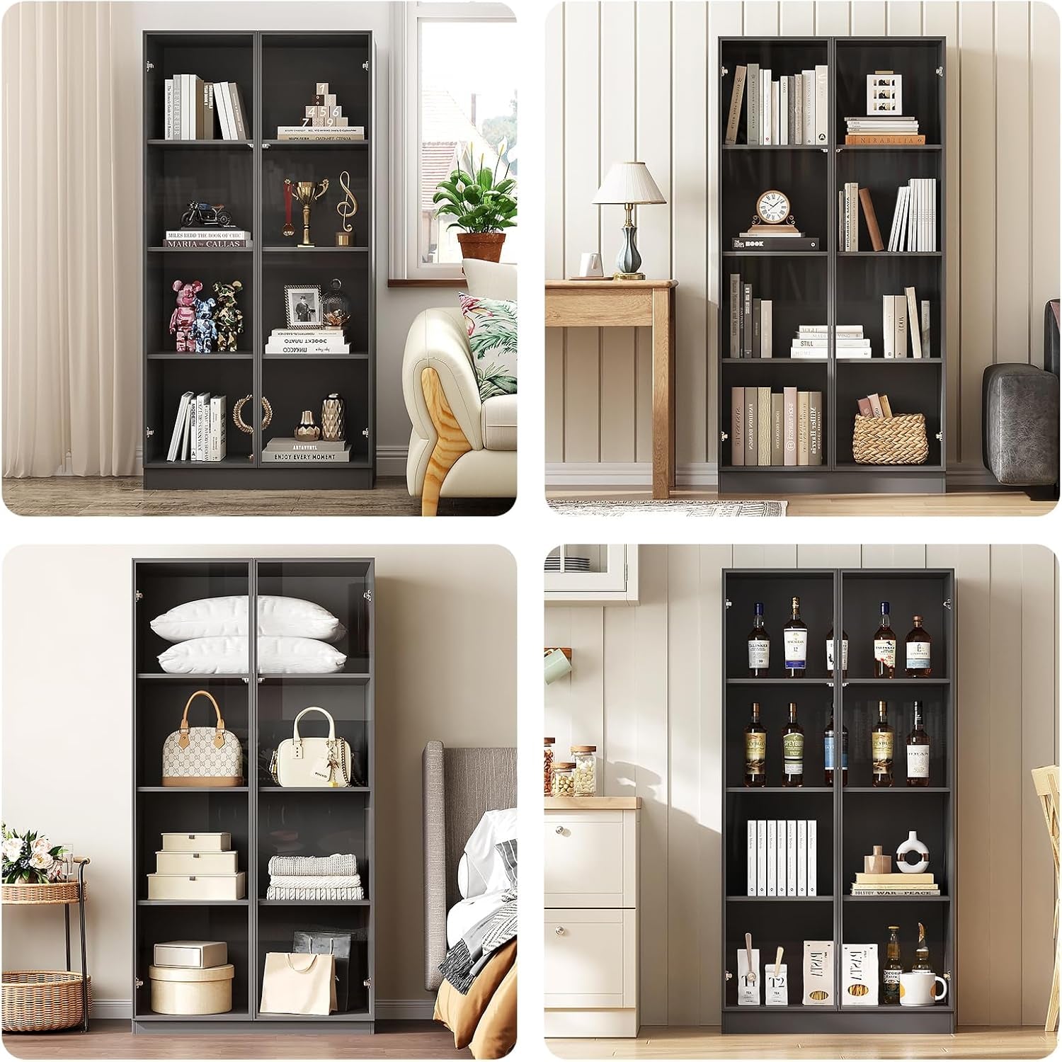 Glass Display Cabinet with LED Lights Set of 2, Display Case Bookcase with 4-Tier Shelves, Curio Cabinet with 2 Glass Doors, Storage Cabinet for Collectibles, Living Room