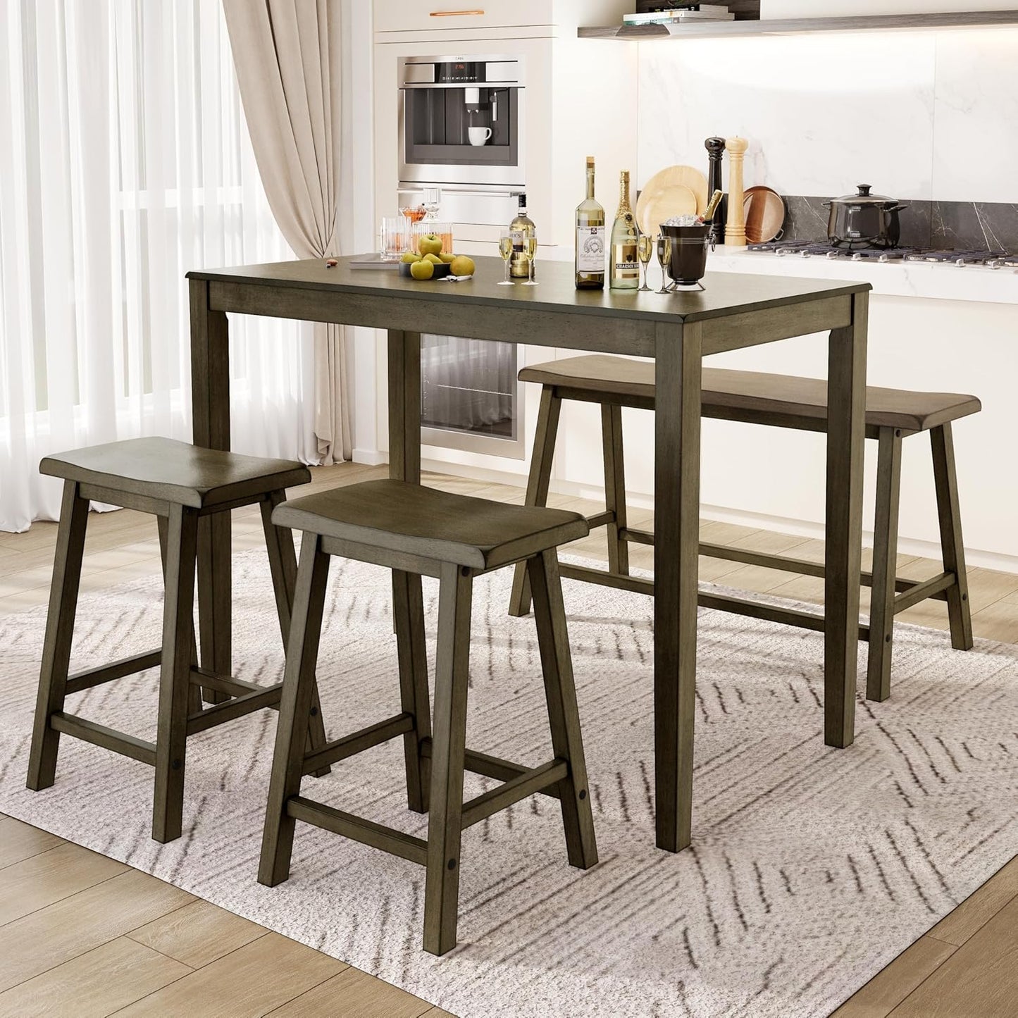 Dining Table Set for 4, Counter Height Dining Table Set with Bench and 2 Chairs, Wooden Kitchen Table Set,Rustic Farmhouse Dinning Table Set, Smoky Brown