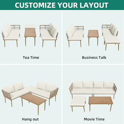 Patio Furniture Set, 6 Pieces Outdoor Rattan Woven Sectional Sofa Patio Loveseat with Ottoman and and Side Table, Conversation Set for Backyard, Porch, Boho - Beige