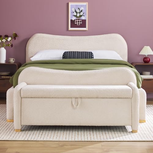 Chantelle Modern Contemporary Curved Upholstered Bench with Storage, 56 Inch, Ivory Bouclé