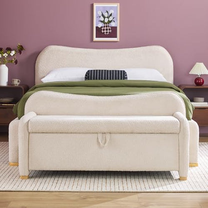 Chantelle Modern Contemporary Curved Upholstered Bench with Storage, 56 Inch, Ivory Bouclé