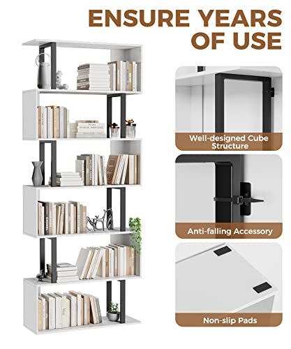 6 Tier Geometric Bookcase,S Shaped Bookshelf, Wood Decorative Storage Shelving, Modern Freestanding Display Shelves, Tall Book Shelf Unit for Living Room Bedroom, White