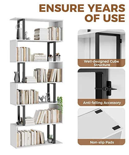 6 Tier Geometric Bookcase,S Shaped Bookshelf, Wood Decorative Storage Shelving, Modern Freestanding Display Shelves, Tall Book Shelf Unit for Living Room Bedroom, White