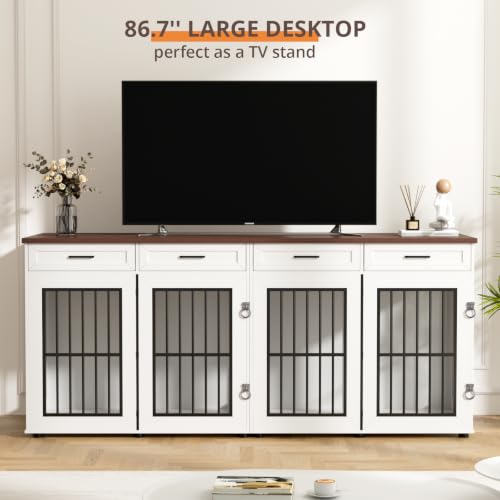 87" Dog Crate Furniture for 2 Dogs, Double Dog Cage Furniture, White, view 7
