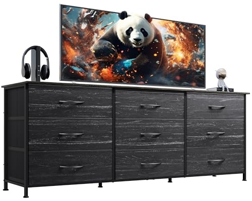 Dresser TV Stand for 75 Inches TV, 9 Fabric Drawers, Black Wood Grain, view 2