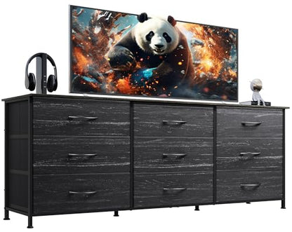 Dresser TV Stand for 75 Inches TV, 9 Fabric Drawers, Black Wood Grain, view 2