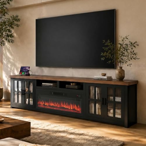 86" Wood Fireplace TV Stand, Black, view 2