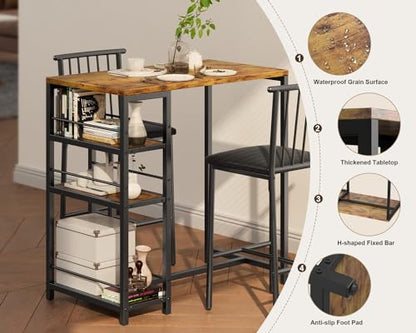 Dining Table Set for 2 with 3 Storage Shelves, Kitchen Table and Chairs for 2 with Pu Cushion Chairs & Thick Wood Top, 3 Piece Dining Table Set for Small Space, Apartment - Retro