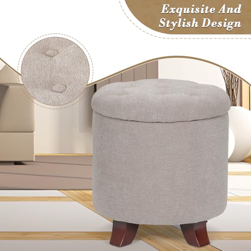 15 Inch Small Ottoman with Storage, Round Linen Fabric Storage Ottoman Foot Rest with Removable Lid, Multipurpose Footstool Footrest for Living Room, Bedroom, Dorm, Khaki
