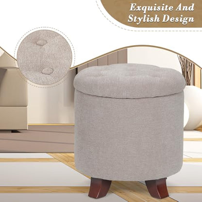 15 Inch Small Ottoman with Storage, Round Linen Fabric Storage Ottoman Foot Rest with Removable Lid, Multipurpose Footstool Footrest for Living Room, Bedroom, Dorm, Khaki