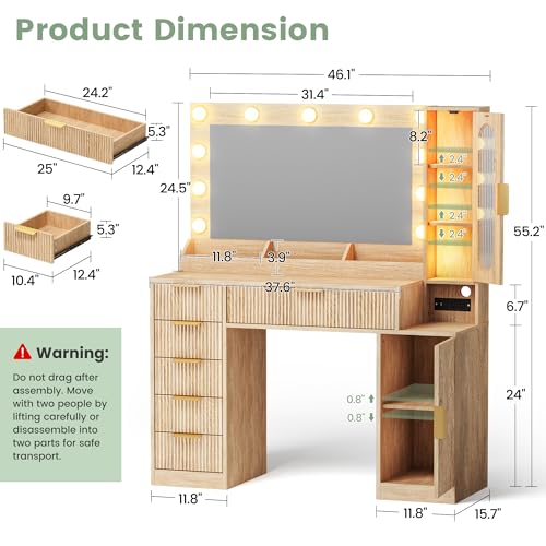 Fluted Makeup Vanity Desk with Large 31.4" Mirror and Sound Sync RGB Lights, view 3