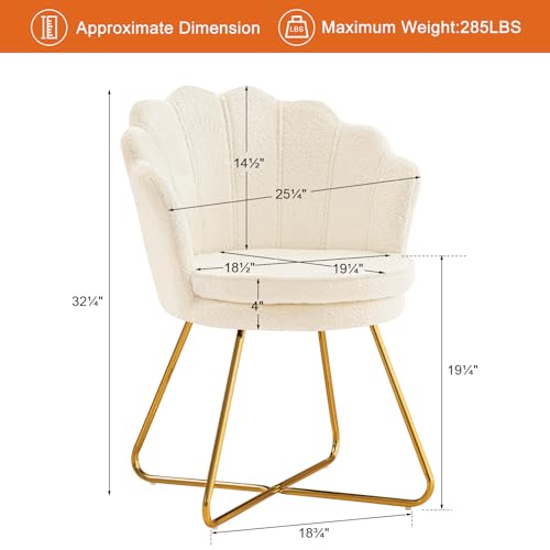 Vanity Chair with Back, Upholstered Accent Chair for Living Room, Makeup Chair for Bedroom Sherpa ArmChairs Home Office Desk Chair with Gold Metal Legs (White)
